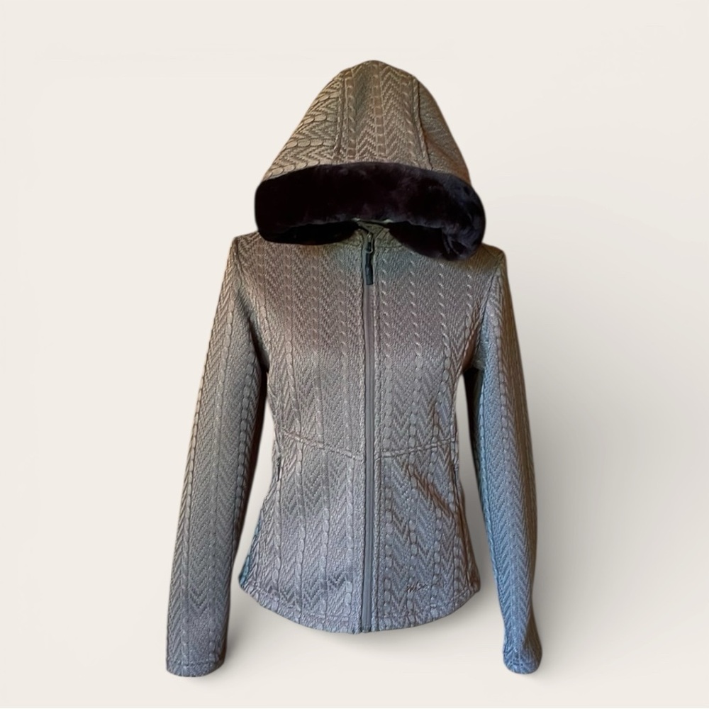 Pulse Jacket Hooded Faux Fur Trim Bronze Brown Knit Activewear Jacket